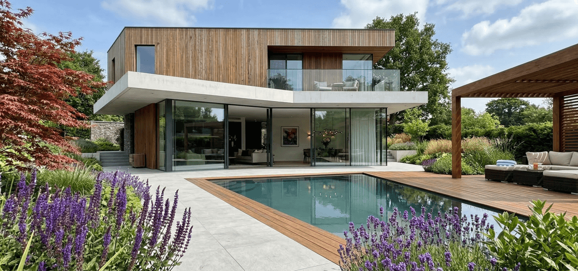 luxe tuin met zwembad