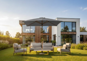 4 Seasons Outdoor Azzurro parasol 300 cm. Ø antraciet met Houtlook frame OP=OP