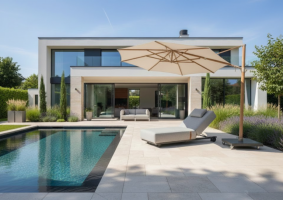 4 Seasons Outdoor Siesta zweefparasol Premium 350 cm. Ø zand met houtlook frame OP=OP