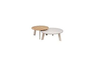 Emma set van 2 bijzettafels latte, 65 en 80 cm. Ø geprint keramiek tafelblad en teak tafelblad | Tas