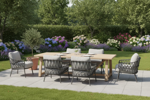 4 Seasons Outdoor Calpi low dining set met Noah brushed teak eettafel 300x100cm