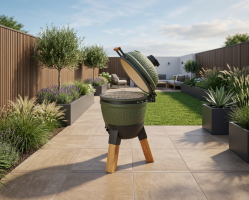 Kamado green incl. pedestal - incl. real hard wood legs (no wheels, no side-tables)
