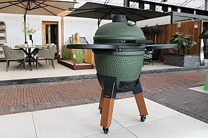 Kamado green incl. pedestal & side-table - incl. aluminium wood-look legs (incl. wheels)