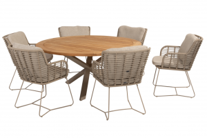 4 Seasons Outdoor Fabrice dining set Latte met Prado eettafel rond Ø 160cm Teak