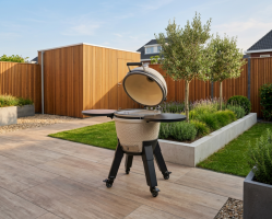 Kamado sandy stone incl. pedestal & side-table - incl. aluminium black legs (incl. wheels)