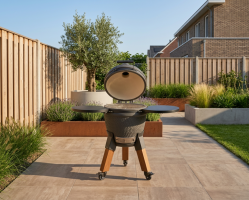 Kamado charcoal grey incl. pedestal & side-table - incl. aluminium wood-look legs (incl. wheels)