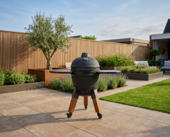 Kamado royal blue incl. pedestal & side-table - incl. aluminium wood-look legs (incl. wheels)