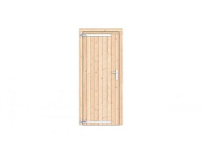 Vuren dichte enkele deur 90x201 cm, linksdraaiend, verzinkte hengen, RVS beslag, kleurloos geimpregn