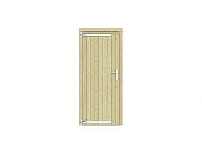 Vuren dichte enkele deur 90x201 cm, linksdraaiend, verzinkte hengen, RVS beslag, groen geimpregneerd