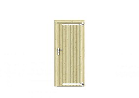 Vuren dichte enkele deur 90x201 cm, rechtsdraaiend, verzinkte hengen, RVS beslag, groen geimpregneer