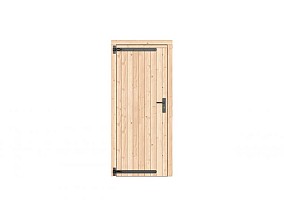 Vuren dichte enkele deur 90x201 cm, linksdraaiend, zwarte hengen, zwart beslag, onbehandeld.