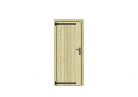 Vuren dichte enkele deur 90x201 cm, linksdraaiend, zwarte hengen, zwart beslag, groen geimpregneerd.