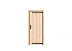 Vuren dichte enkele deur 90x201 cm, rechtsdraaiend, zwarte hengen, zwart beslag, onbehandeld.