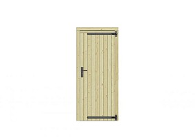 Vuren dichte enkele deur 90x201 cm, rechtsdraaiend, zwarte hengen, zwart beslag, groen geimpregneerd