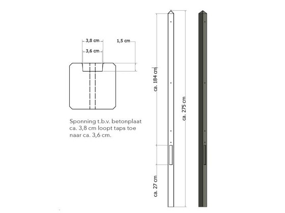 Lichtgewicht betonpaal met diamantkop ongecoat 8,5x8,5x275 cm, eindpaal, antraciet.*