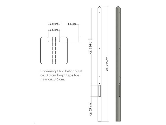 Lichtgewicht betonpaal met diamantkop ongecoat 8,5x8,5x275 cm, eindpaal, grijs.*