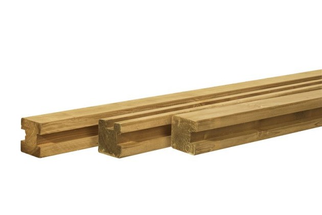 Grenen sleufpaal 8,8 x 8,8 x 270 cm, t.b.v. 28 mm profielplanken, tussenpaal, groen geïmpregneerd.*