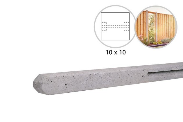 Betonpaal stampbeton 10 x 10 x 310 cm, grijs tussenpaal t.b.v. recht scherm met 2 betonplaten.*