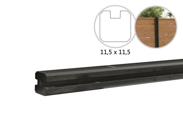Betonpaal met sleuf en platte kop t.b.v. schutting 11,5 x 11,5 x 277 cm, antraciet eindpaal, gecoat.