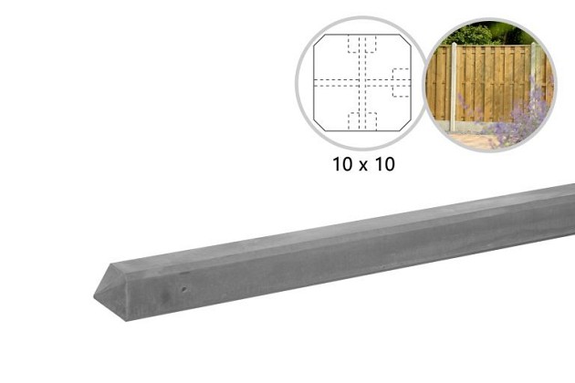 Betonpaal glad met diamantkop 10 x 10 x 280 cm, grijs ongecoat, T-paal.*