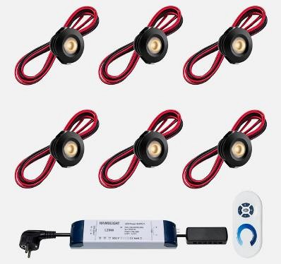 Set spots zwart, 8 stuks. Inclusief trafo, afstandsbediening en kabel van 5 meter.*