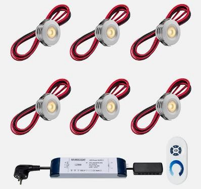 Set spots aluminium, 6 stuks. Inclusief trafo, afstandsbediening en kabel van 5 meter.*