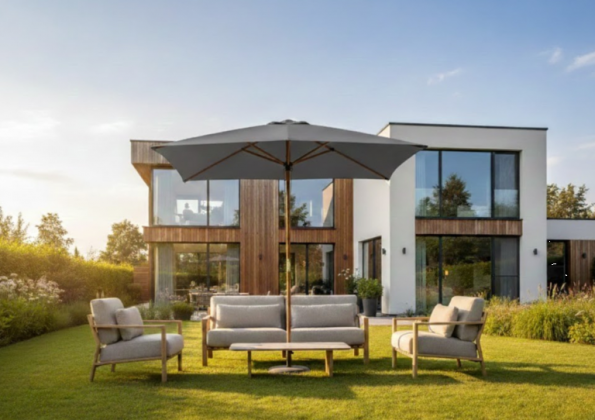 4 Seasons Outdoor Azzurro parasol 300 cm. Ø antraciet met Houtlook frame OP=OP