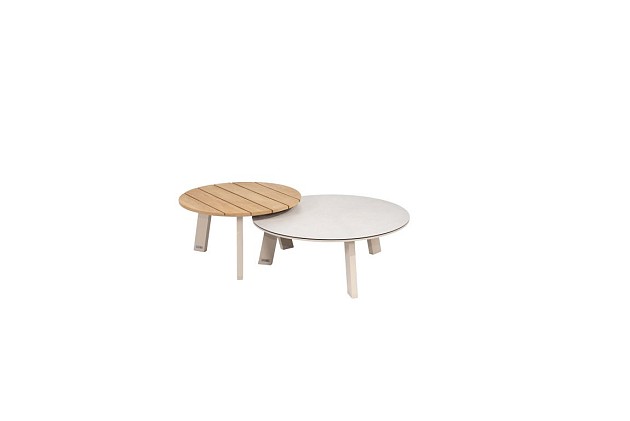 Emma set van 2 bijzettafels latte, 65 en 80 cm. Ø geprint keramiek tafelblad en teak tafelblad | Tas