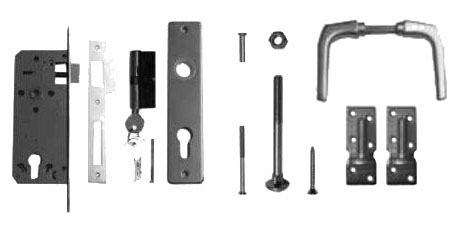 Aluminium deurklink met langschild, cilinderslot en duimen, t.b.v. deuren op stalen frame.*