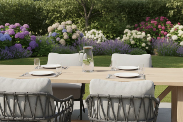 4 Seasons Outdoor Calpi low dining set met Noah brushed teak eettafel 300x100cm