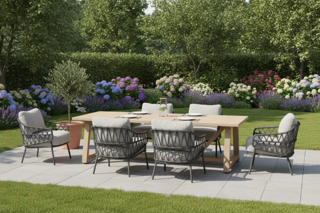4 Seasons Outdoor Calpi low dining set met Noah brushed teak eettafel 300x100cm