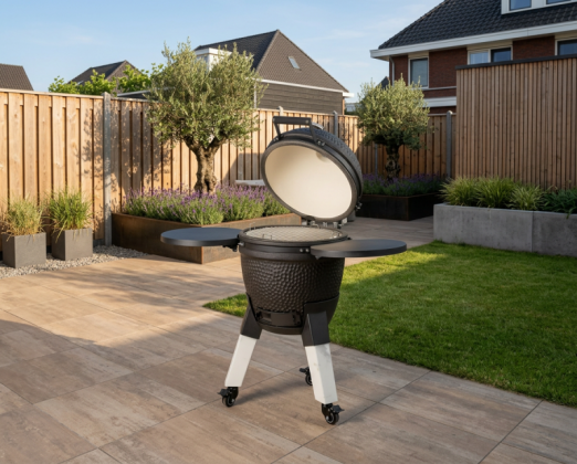 Kamado black incl. pedestal & side-table - incl. aluminium marble-look legs (incl. wheels)