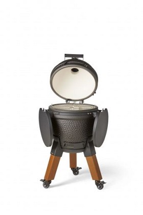Kamado black incl. pedestal & side-table - incl. aluminium wood-look legs (incl. wheels)