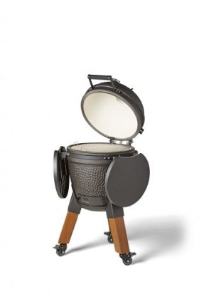 Kamado black incl. pedestal & side-table - incl. aluminium wood-look legs (incl. wheels)
