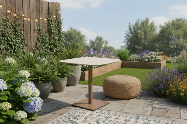 4 Seasons Outdoor Vermont tuintafel amber met keramisch travertin tafelblad  75 x 75 cm OP=OP