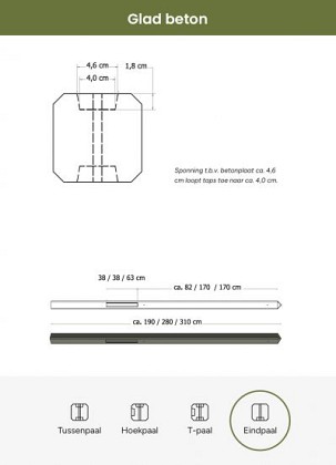 Betonpaal glad met diamantkop 10 x 10 x 190 cm, grijs ongecoat, eindpaal t.b.v. scherm 90 cm hoog.*