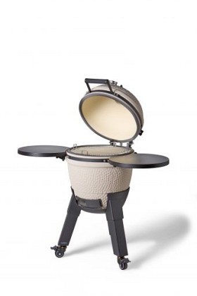 Kamado sandy stone incl. pedestal & side-table - incl. aluminium black legs (incl. wheels)