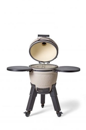Kamado sandy stone incl. pedestal & side-table - incl. aluminium black legs (incl. wheels)