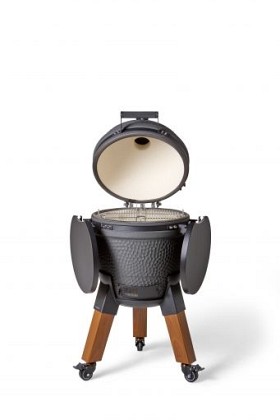 Kamado charcoal grey incl. pedestal & side-table - incl. aluminium wood-look legs (incl. wheels)