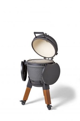 Kamado charcoal grey incl. pedestal & side-table - incl. aluminium wood-look legs (incl. wheels)