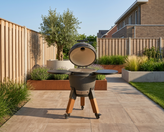 Kamado charcoal grey incl. pedestal & side-table - incl. aluminium wood-look legs (incl. wheels)