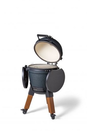 Kamado royal blue incl. pedestal & side-table - incl. aluminium wood-look legs (incl. wheels)