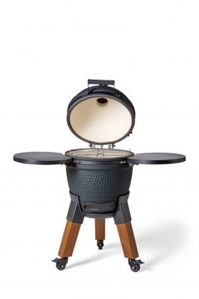 Kamado royal blue incl. pedestal & side-table - incl. aluminium wood-look legs (incl. wheels)