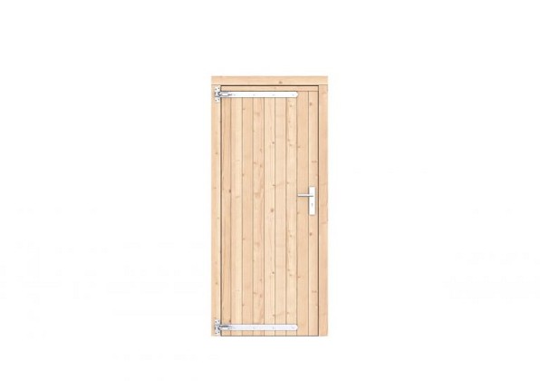 Vuren dichte enkele deur 90x201 cm, linksdraaiend, verzinkte hengen, RVS beslag, kleurloos geimpregn