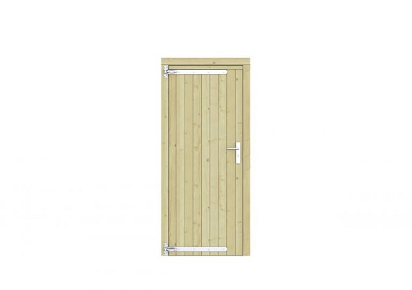 Vuren dichte enkele deur 90x201 cm, linksdraaiend, verzinkte hengen, RVS beslag, groen geimpregneerd