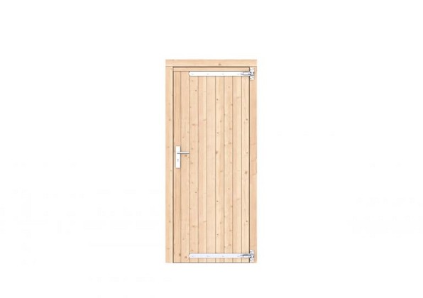 Vuren dichte enkele deur 90x201 cm, rechtsdraaiend, verzinkte hengen, RVS beslag, kleurloos geimpreg