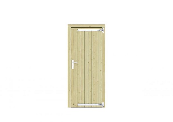 Vuren dichte enkele deur 90x201 cm, rechtsdraaiend, verzinkte hengen, RVS beslag, groen geimpregneer