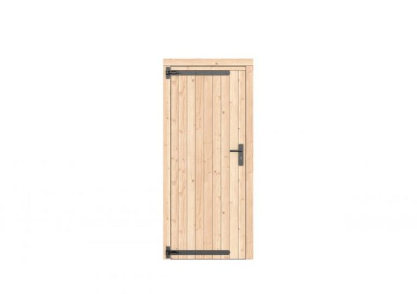 Vuren dichte enkele deur 90x201 cm, linksdraaiend, zwarte hengen, zwart beslag, onbehandeld.