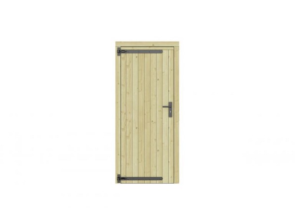 Vuren dichte enkele deur 90x201 cm, linksdraaiend, zwarte hengen, zwart beslag, groen geimpregneerd.