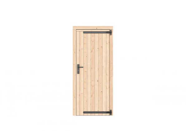 Vuren dichte enkele deur 90x201 cm, rechtsdraaiend, zwarte hengen, zwart beslag, onbehandeld.